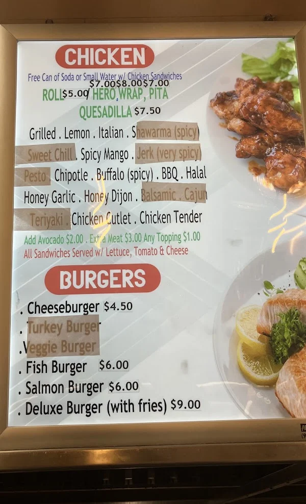Chicken and burgers menu board with sandwich flavors and prices