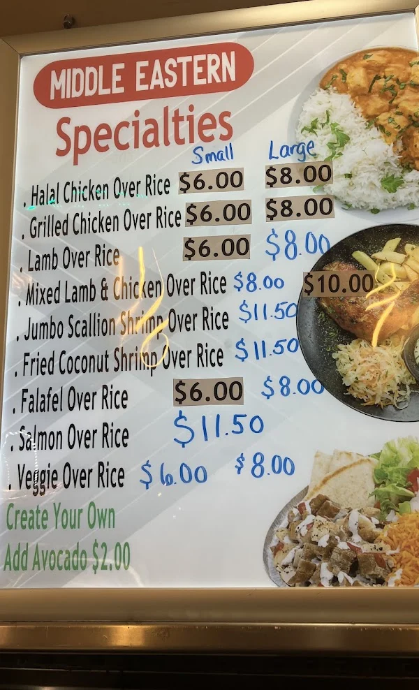 Middle Eastern specialties menu board with small and large rice plate prices