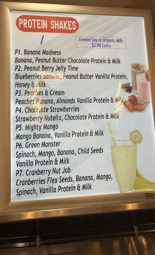 Protein shakes menu board listing seven numbered shakes