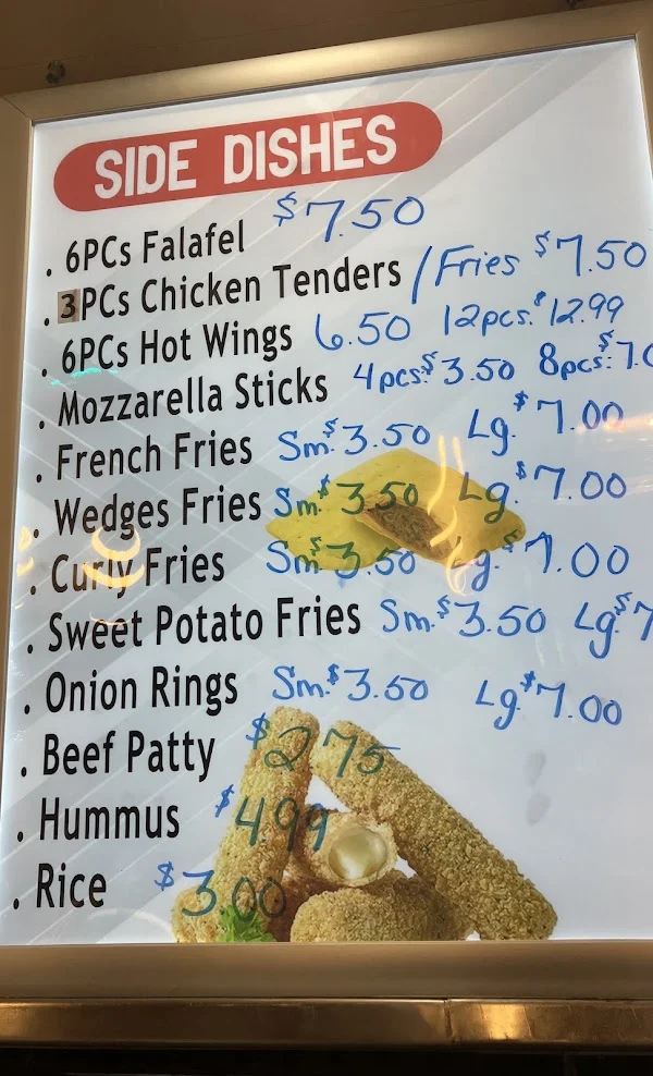 Side dishes menu board with fries, wings and falafel prices