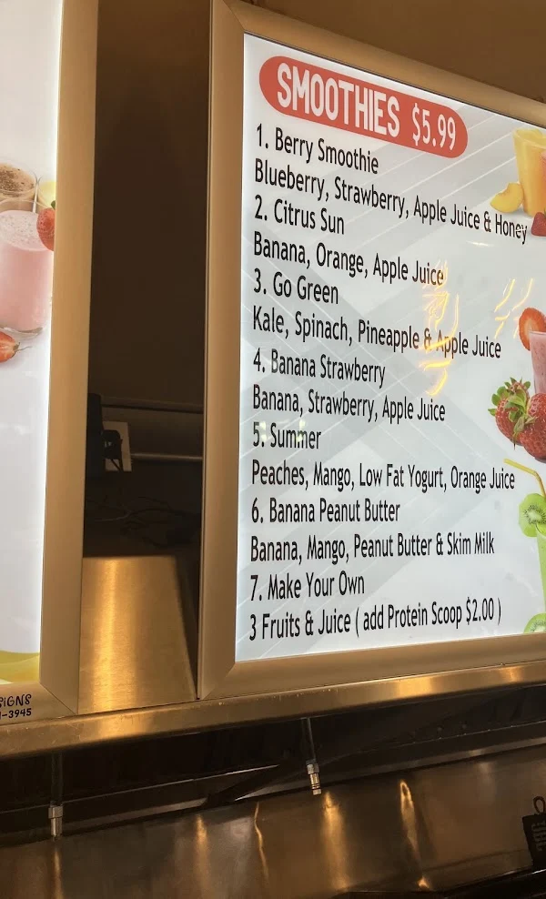 Smoothies menu board listing seven smoothies at one price